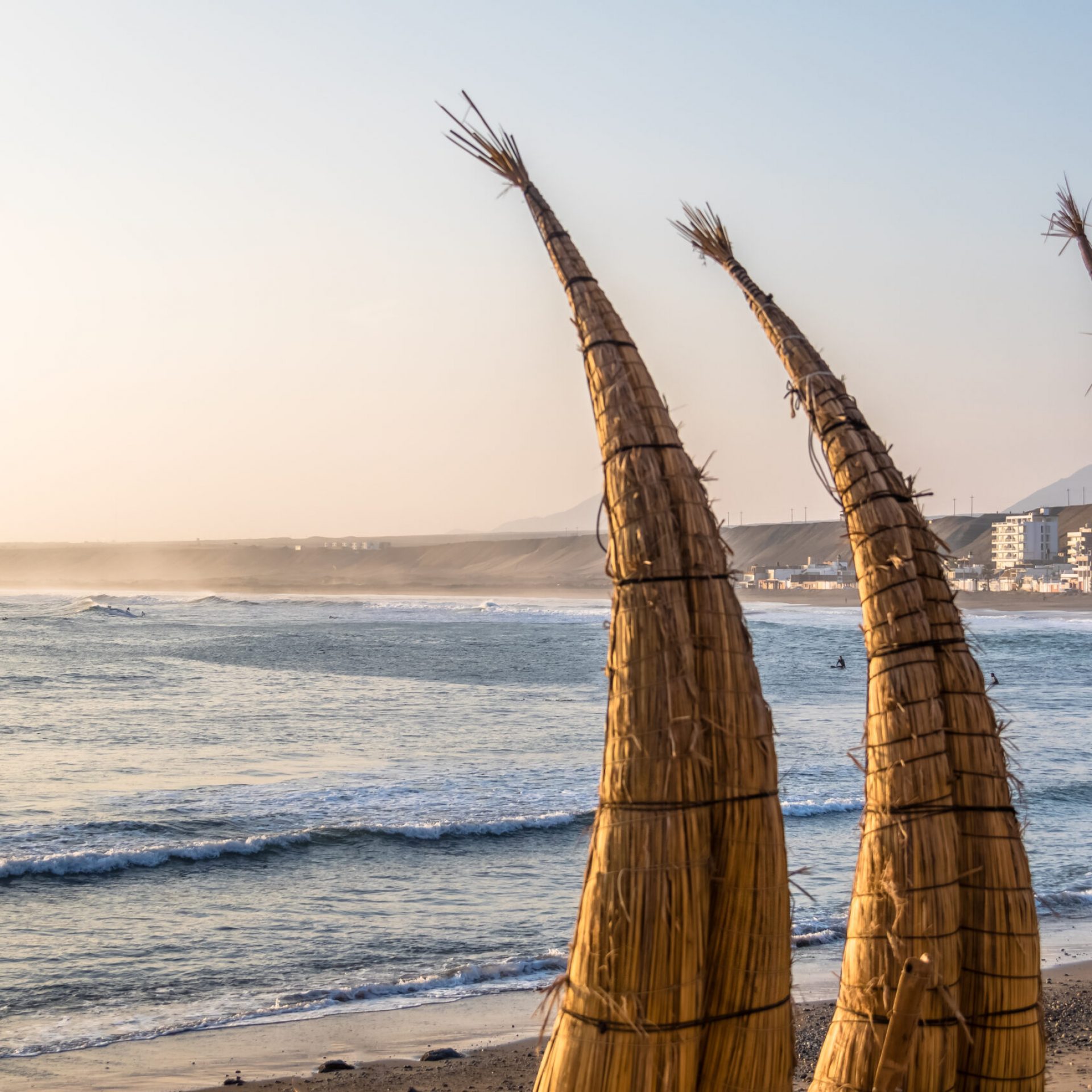 Huanchaco Beach and the traditional reed boats (caballitos de totora) - Trujillo, Peru