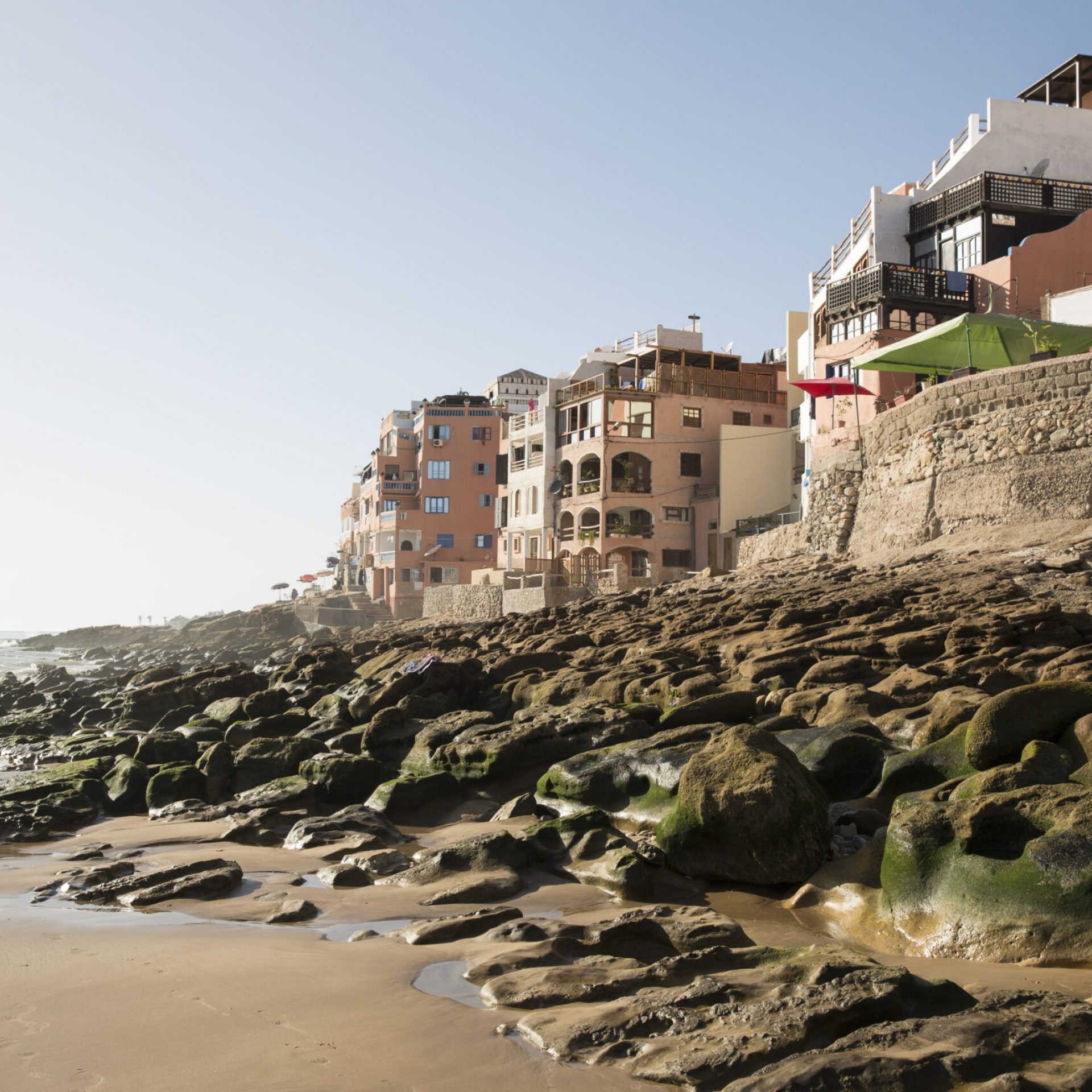 View of beach and coast, Taghazout, Morocco